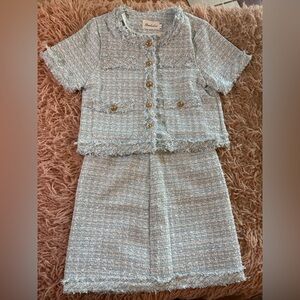 KAILILAI Light Blue Tweed Blazer and Skirt Ensemble